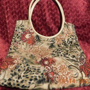 Ellea Of New York BOHO Animal Print /Flowers Material with Beads Round Handl Bag